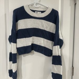 Hollister Navy and White Striped Crew Neck Sweater